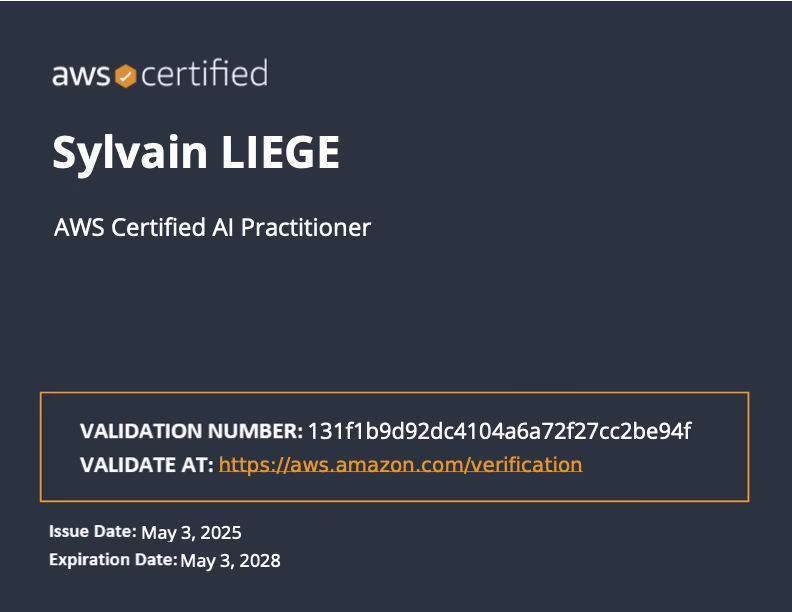 Sylvain LIEGE-AWS Certified AI Practitioner certificate